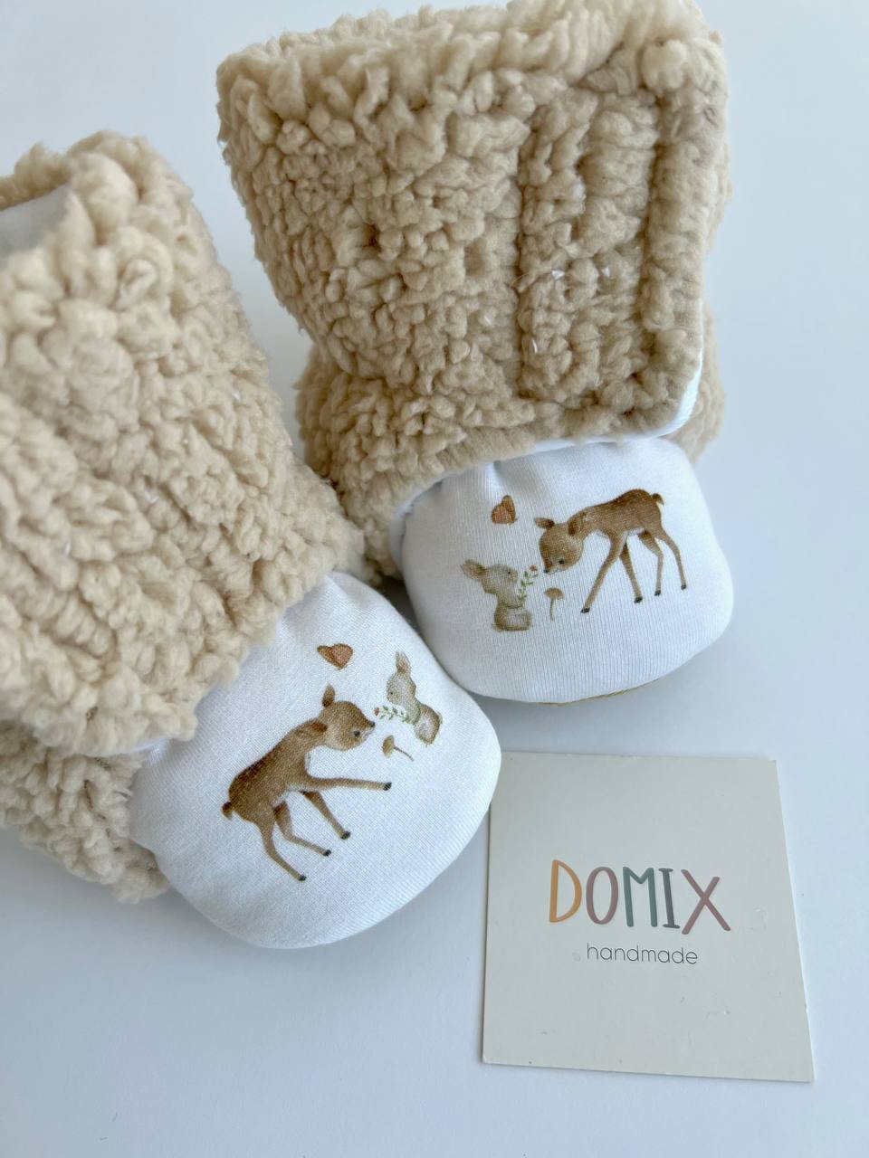 Handmade Baby Booties – Beige Teddy with Forest Print