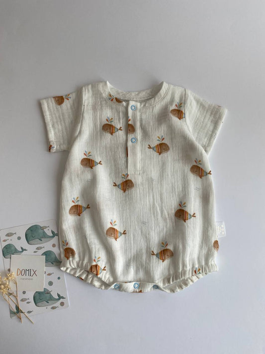 Baby Muslin Romper – Handmade Cotton Baby Bodysuit with Whale Print