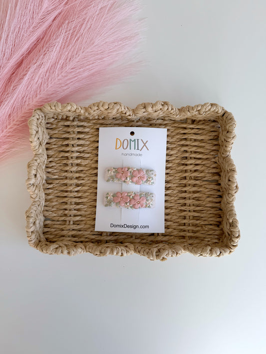 Girls Embroidered Linen Hair Clips – Handmade Beaded Barrettes Set of 2