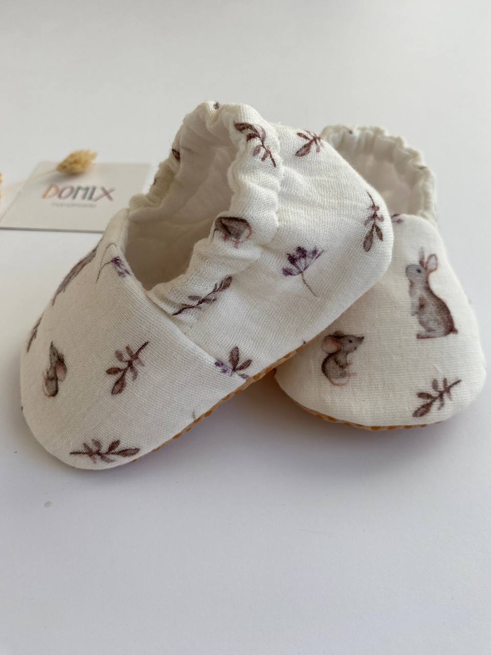 Handmade Baby Muslin Booties – Soft Cotton Newborn Slippers with Bunny Print