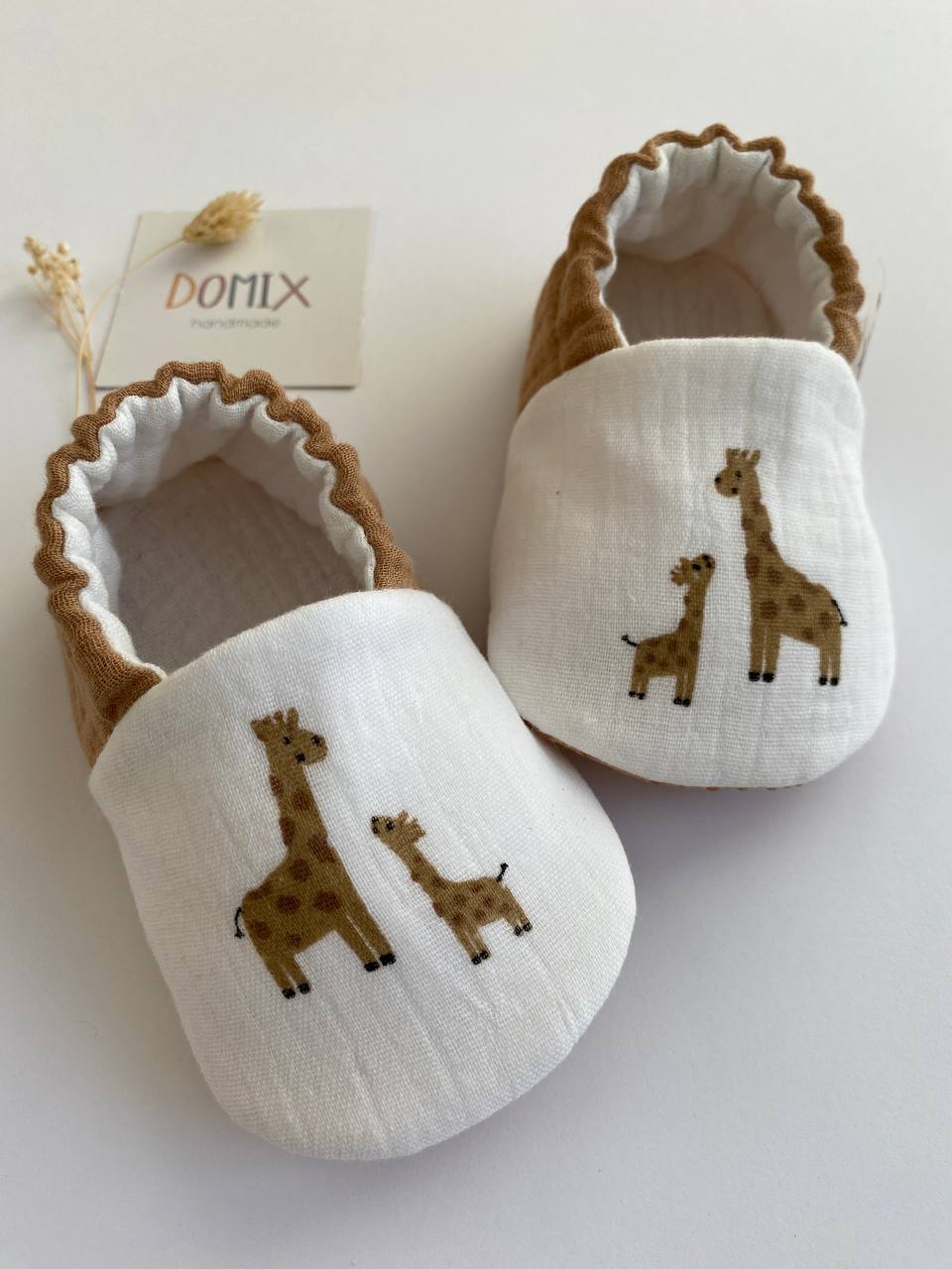 Handmade Baby & Toddler Slippers – Soft Cotton Muslin Slippers with Giraffe Print