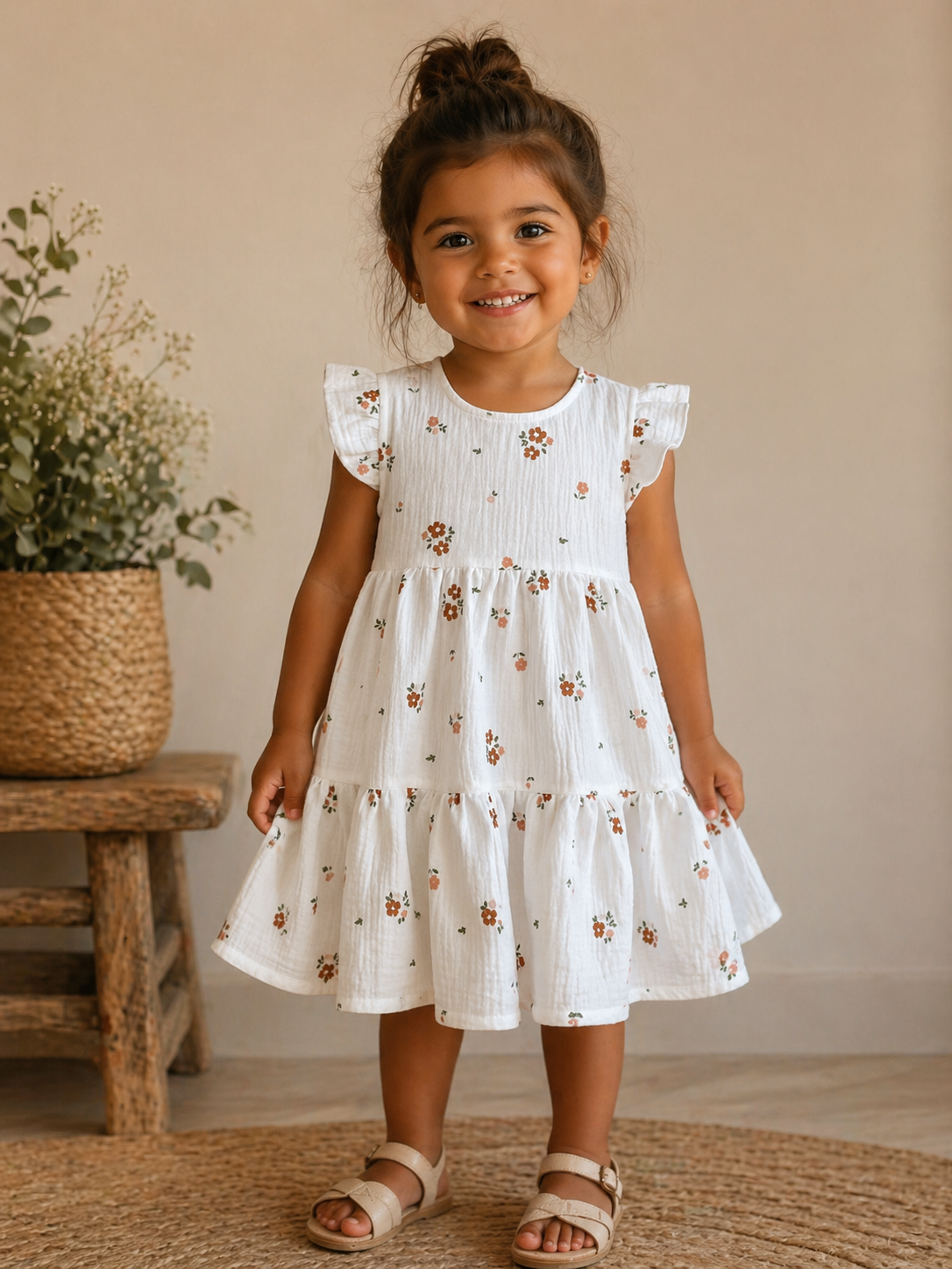 Young girl in a white floral dress standing in a room with a wooden stool and plant.